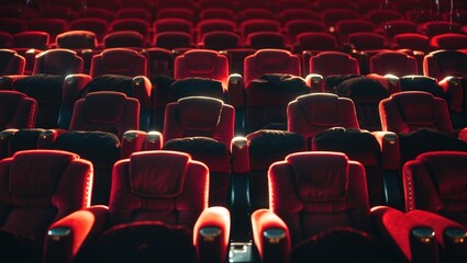 Obraz premium Interiors of vacant cozy cinema seats. Low-key. Dark ambiance.