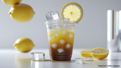 honey lemon coffee americano iced beverage with lemon slices and ice cubes