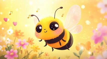 Adorable Bumble Bee in a Sunny Meadow Delightful Cartoon Illustration of a Happy Bee