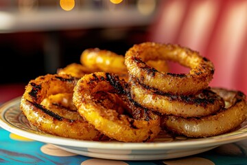 Delicious golden-brown onion rings stacked high on a plate in a retro diner setting, a savory appetizer, perfect snack for fast food lovers.