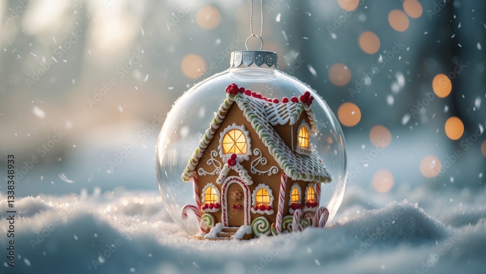 Poster cozy gingerbread house contained in a bauble against a snowy backdrop with space for text.