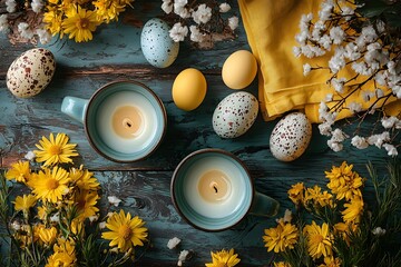 Easter still life. Easter eggs, flowers, candles.