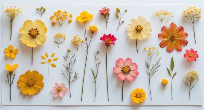 Pressed and dried delicate yellow flowers on a white background. Isolated for use in scrapbooking, floristry, or herbarium.