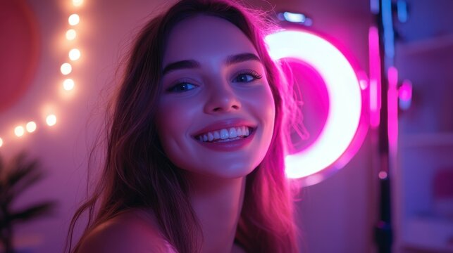 Happy woman, portrait and influencer with ring light for content creation, vlogging or online tutorial at home. Young, female person or vlogger in POV with makeup for tips, advice or video recording