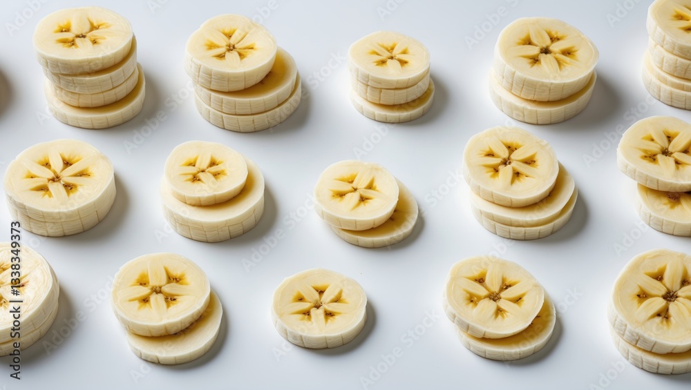 Poster various fresh ripe banana slices arranged separately on a background.