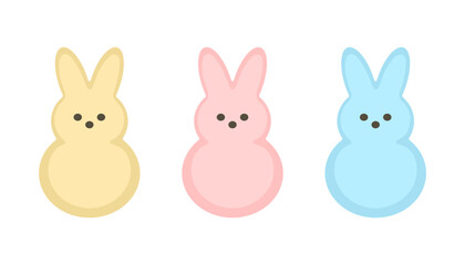Marshmallow peeps, Easter bunnies different colors set. Small cute colorful rabbit candy. Collection sweet confectionery. Vector flat illustration