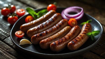 Plate featuring delicious grilled sausages and vegetables on wooden table, closeup