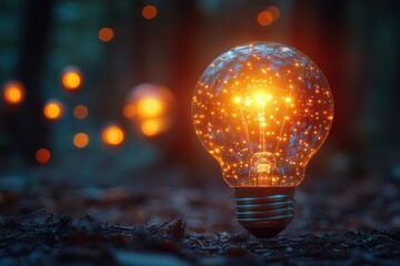 Light bulbs glowing with sparkling stars in a forest setting at dusk