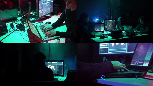 Dynamic Hacker Duo in Dark Room: Cybersecurity Experts. Collage.