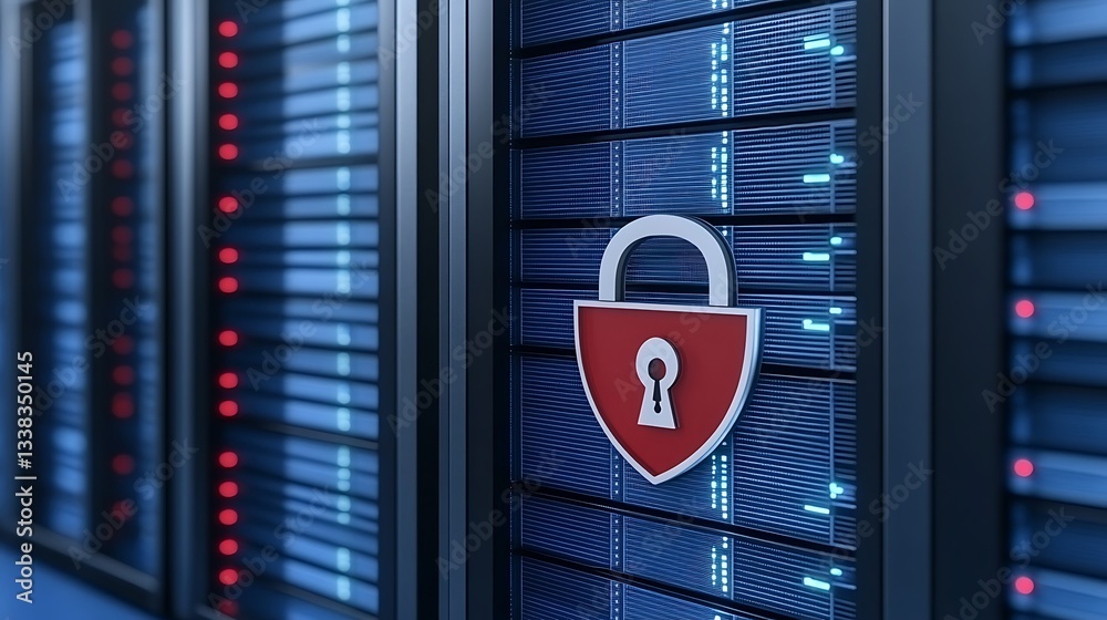 Poster digital security concept with padlock symbol on a data server background in a modern data center
