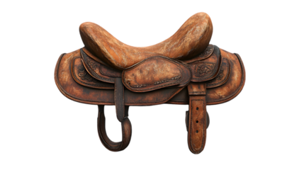 Old brown leather saddle isolated on transparent background representing vintage equestrian riding gear
