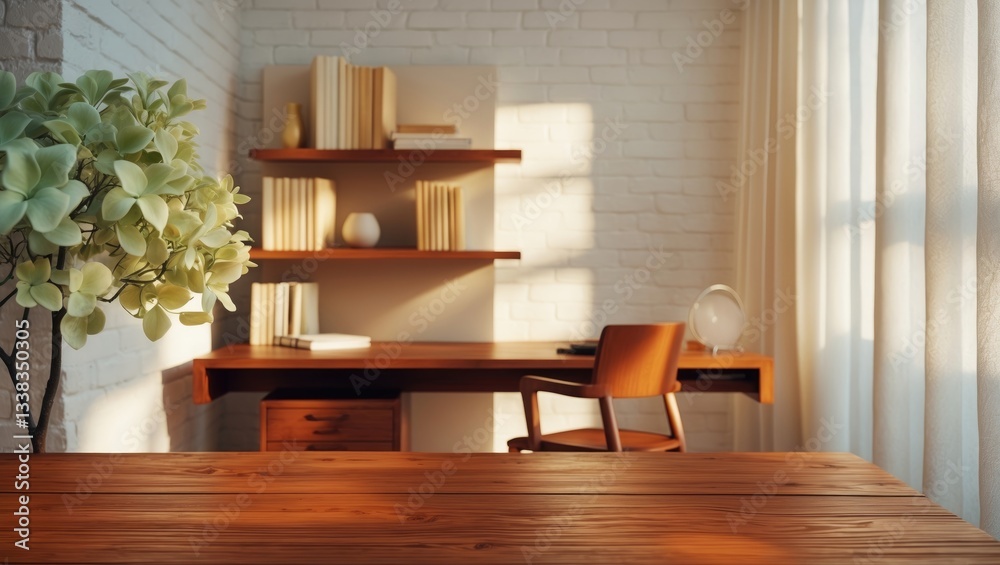 Poster cropped view of a wooden table featuring space for text