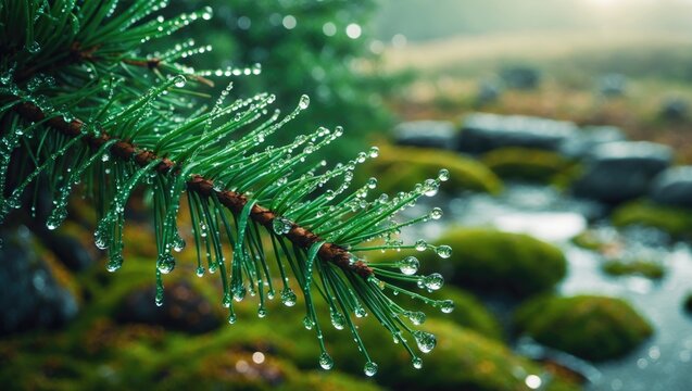 Pine tree branch covered in morning dew droplets - Powered by Adobe