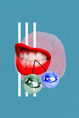 Poster trend sketch template 3D collage of mouth lips grimace teeth hold rope two discoball leisure...