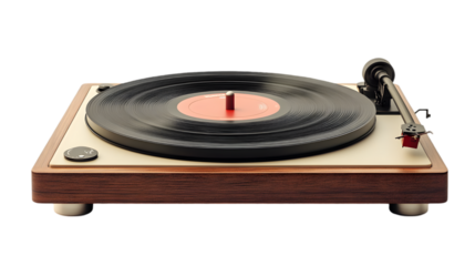 Wooden turntable record player with vinyl disk shown on transparent background for music and vintage theme
