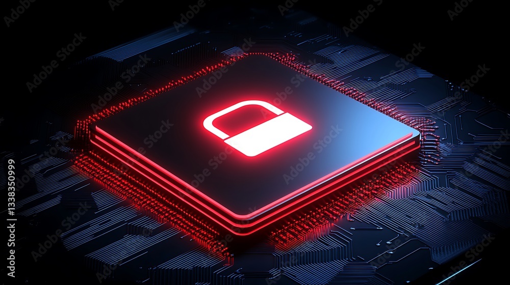 Poster digital security concept with red lock symbol on microchip background for cyber protection and data 