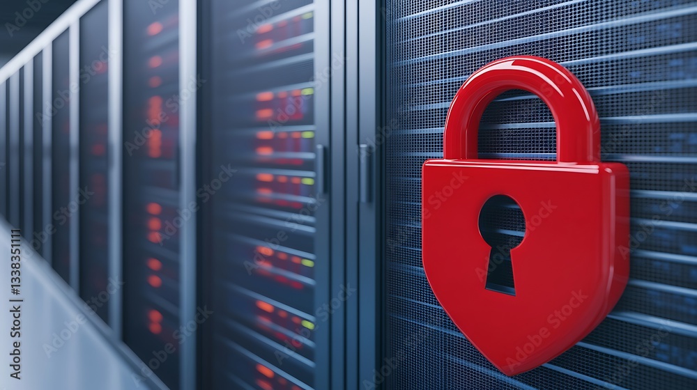 Poster digital security concept with red lock symbol on server rack in data center for cyber protection and
