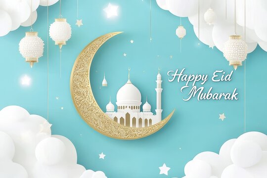 Happy eid mubarak with mosque on crescent moon and lanterns on a blue background with cloudskayum12196@gmail.com