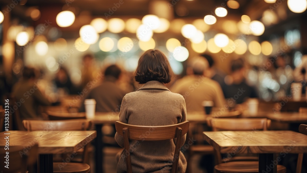 Poster Coffee shop with people seated at tables and a bokeh background featuring a blurred effect.