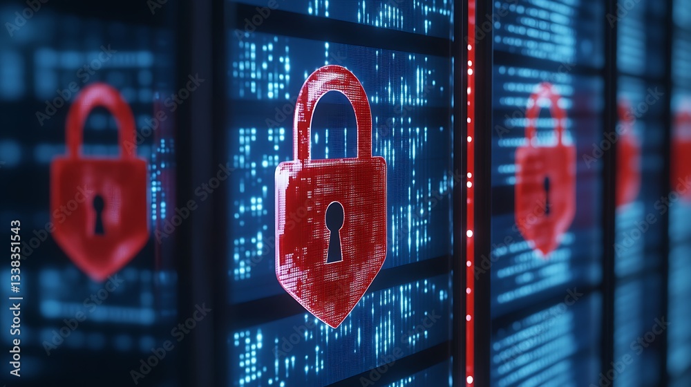Poster digital security concept with red padlocks on screen representing data protection and cybersecurity 