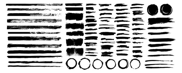 Grunge brush strokes. Set of hand drawn grunge brush strokes, banners, circles. Black ink grunge brush strokes.
