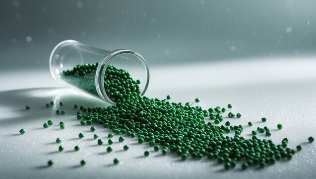 Plastic pallets. Granules of plastic raw materials for industry. Green polymeric dye on a white background. Plastic granules resulting from waste processing.