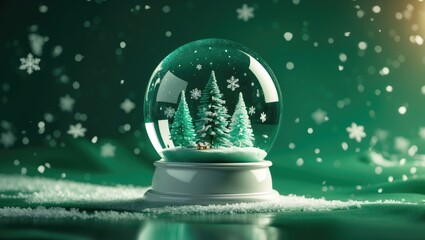 Image of a snow globe featuring snow falling against a green backdrop. Festivity, tradition, and celebration concept in a digitally created image.