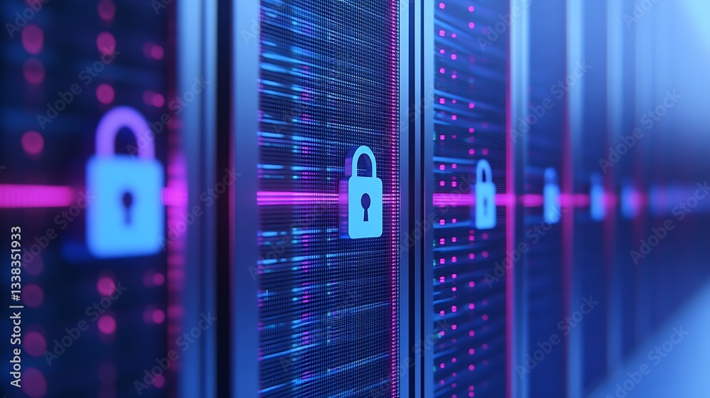 Poster digital security concept with server racks and locks representing data protection and cybersecurity 