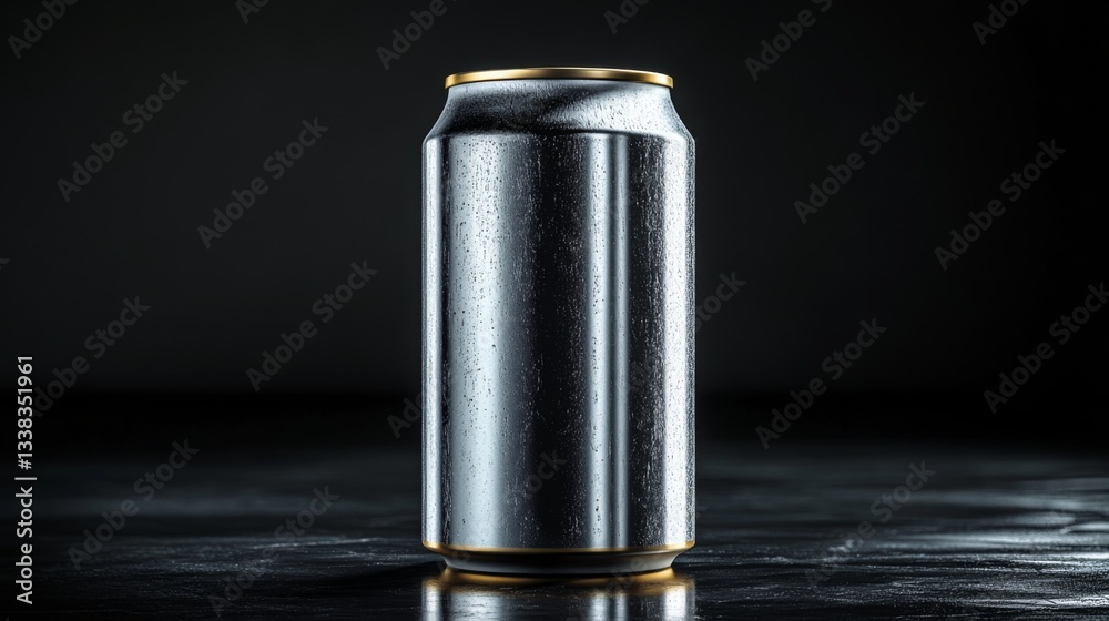 Poster a shiny aluminum can stands on a dark surface, adorned with water droplets that emphasize its reflec