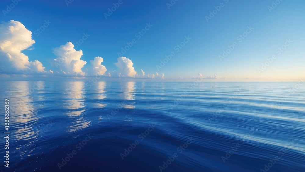 Poster a bright blue morning sky with clear white clouds and an ocean in deep indigo during daylight. the a