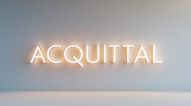 Lighted sign displaying the word acquittal against a plain background in a modern setting