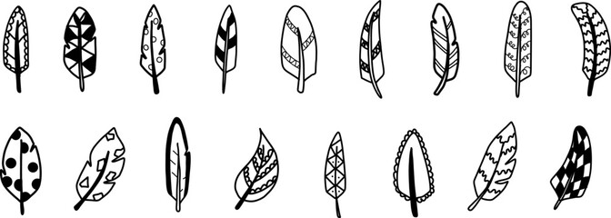 Hand-Drawn Decorative Feather Illustrations in Black and White. Set of 1 feather with unique decorative patterns and ornaments. Stylized Doodle Rustic ethnic decorative feathers set.