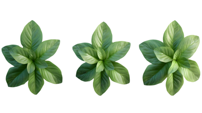 Fresh green mint leaves aligned in a row isolated on transparent background for herbs or garnish visuals