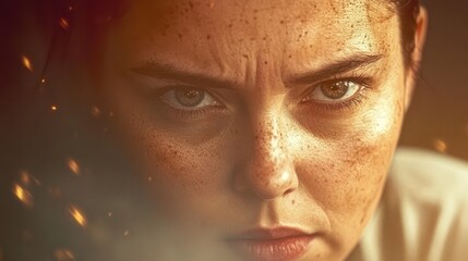 A dramatic close-up of a determined woman's face, revealing powerful emotions through her intense gaze and freckles, symbolizing strength and resilience in challenging times.