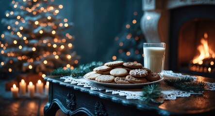 Cozy room during the night featuring a glass of milk and cookies prepared for a guest.