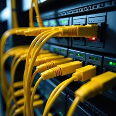 Sleek server rack, vibrant yellow fiber optic cables neatly organized , rackmount server, internet infrastructure