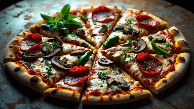 Delicious pizza with various toppings.