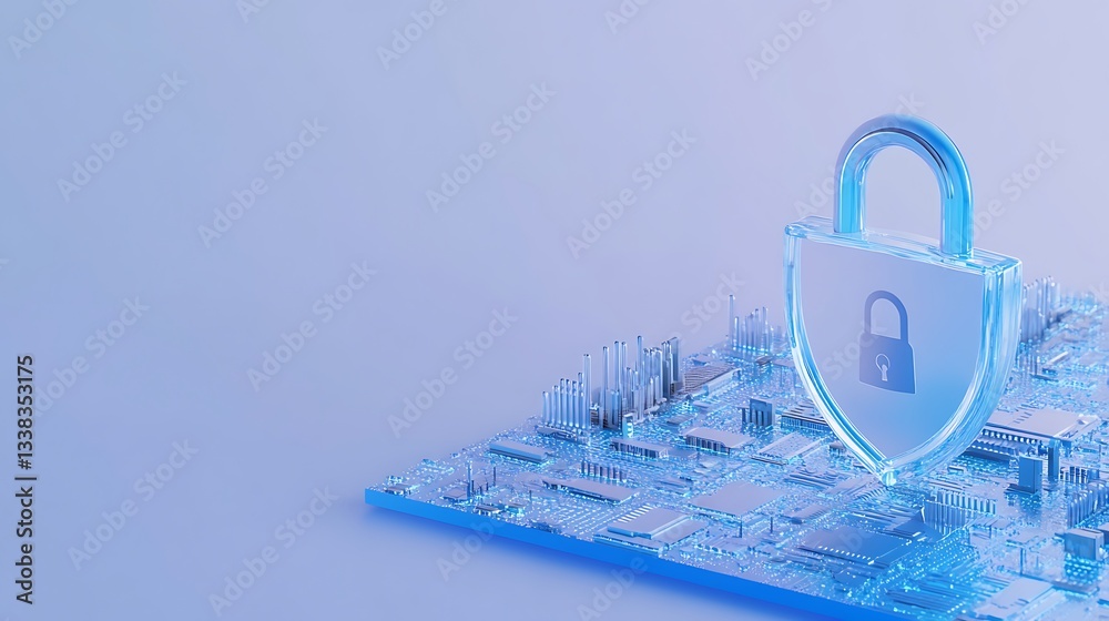 Poster digital security concept with transparent padlock on microchip background representing cyber protect