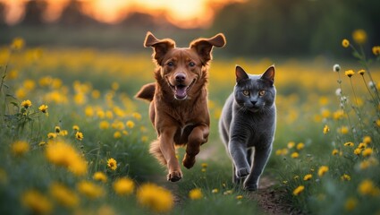 A pair of friends, a cat and a dog, joyfully dash through a summer blooming meadow.