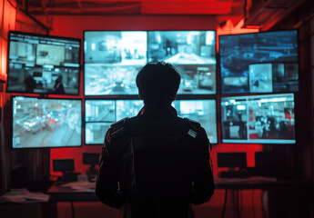 Security guard observes numerous surveillance screens in a control room filled with low red lighting and ambient computer sounds