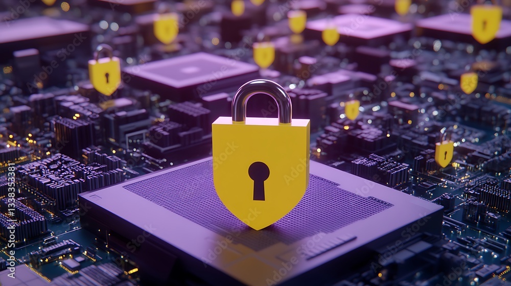 Poster digital security concept with yellow lock symbol on computer circuit board background with microchip