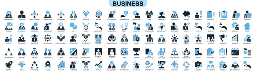 set of business icon vector symbolizing corporate success, strategy, and management. Ideal for finance, entrepreneurship, and marketing designs.
