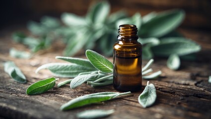 Clary sage essential oil or extract in a glass container with fresh leaves on a wooden surface, closeup, aromatherapy, skincare, stress relief concept.