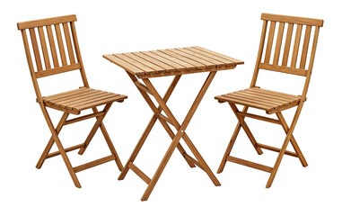 Wooden folding outdoor furniture set with table and chairs isolated on a transparent background