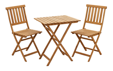Wooden folding outdoor furniture set with table and chairs isolated on a transparent background