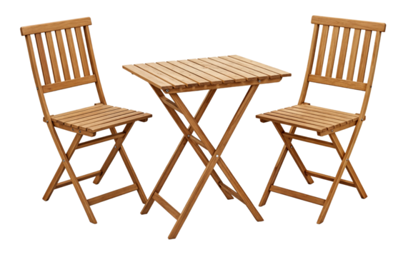 Wooden folding outdoor furniture set with table and chairs isolated on a transparent background