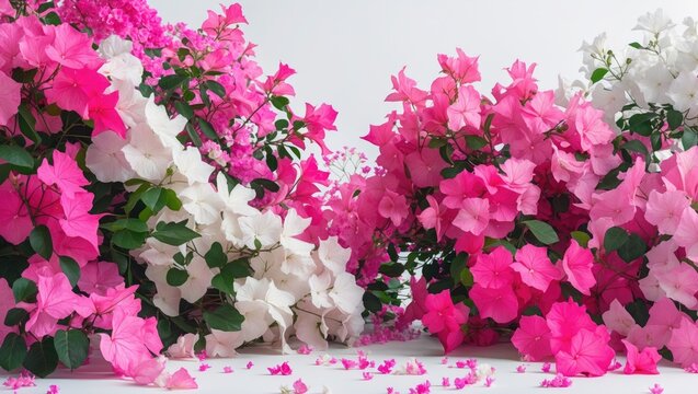 Pink and white blooming bougainvilleas set against a white background.
