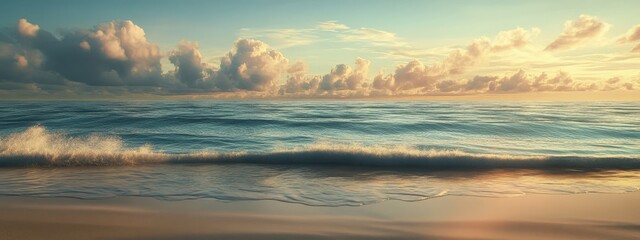 Fototapeta premium Serene Ocean Waves at Sunset Under Soft, Fluffy Clouds
