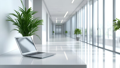 Fototapeta premium Modern Hospital Reception Interior with Bright Lighting and Greenery. Concept of Healthcare Facilities, Clean Design, Welcoming Environment