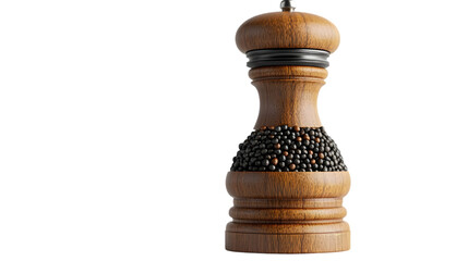 Wooden pepper grinder with black peppercorns shown isolated on transparent background for kitchen...